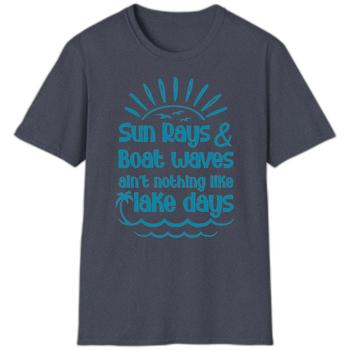 Sun Rays Boat Waves Lake Days T-Shirt in Heather Navy
