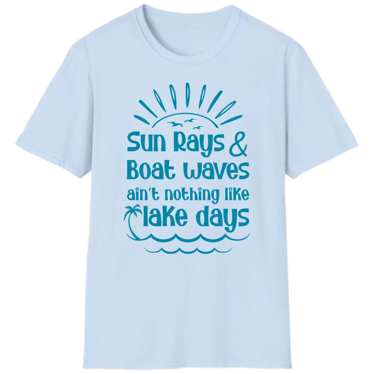 Sun Rays Boat Waves Lake Days T-Shirt in Light Blue