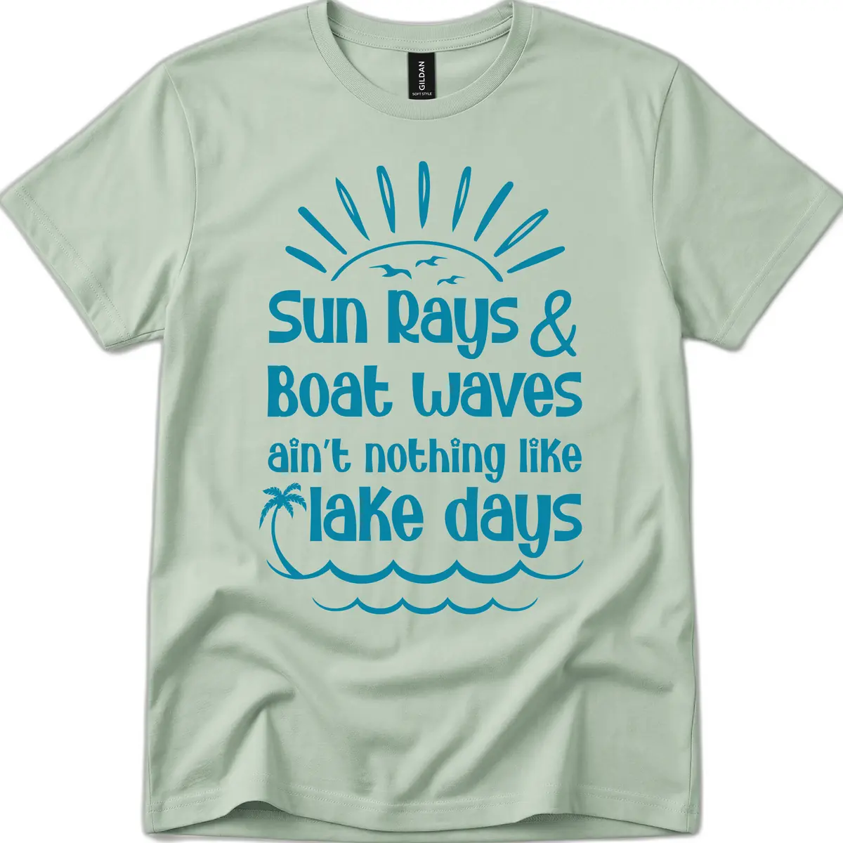 Sun Rays Boat Waves Lake Days T-Shirt in Sage