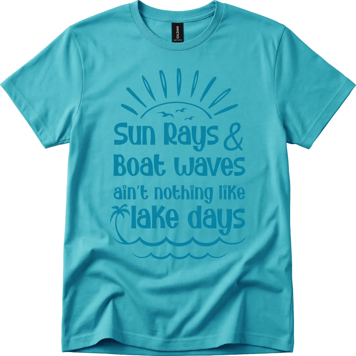 Sun Rays Boat Waves Lake Days T-Shirt in Tropical Blue