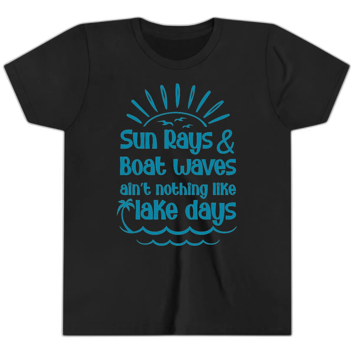 Sun Rays Boat Waves Lake Days Youth T-Shirt in Black