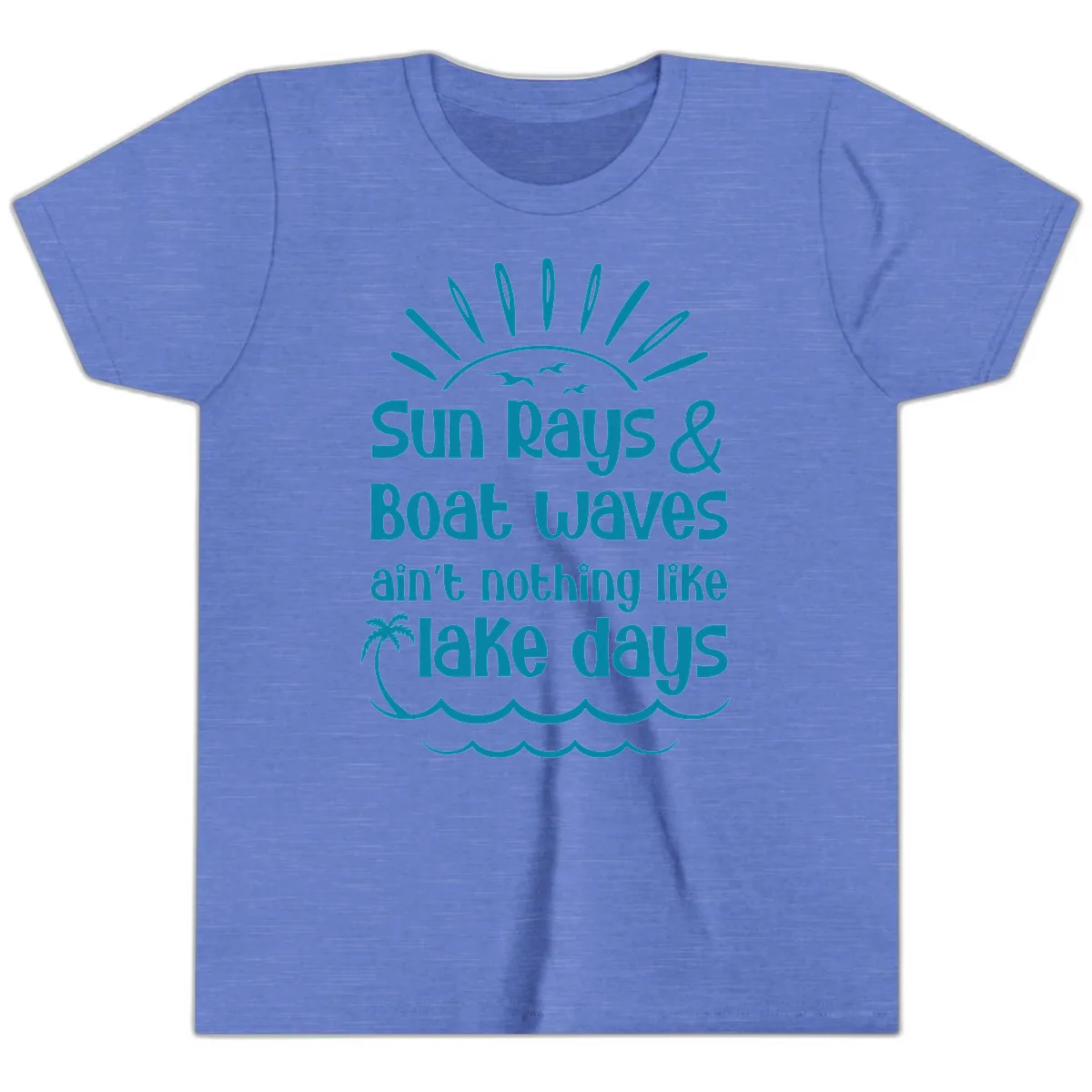 Sun Rays Boat Waves Lake Days Youth T-Shirt in Heather Columbia Blue
