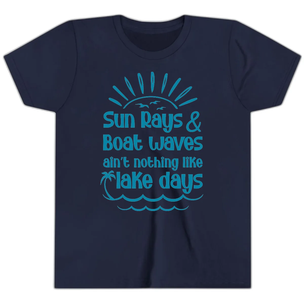 Sun Rays Boat Waves Lake Days Youth T-Shirt in Navy