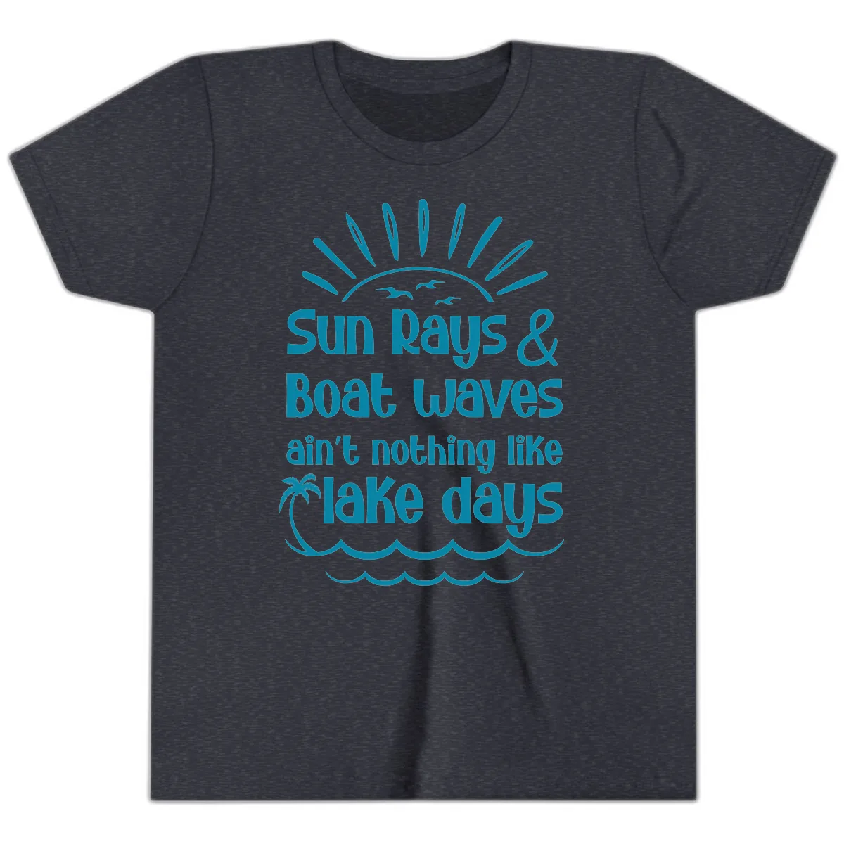 Sun Rays Boat Waves Lake Days Youth T-Shirt in Heather Navy