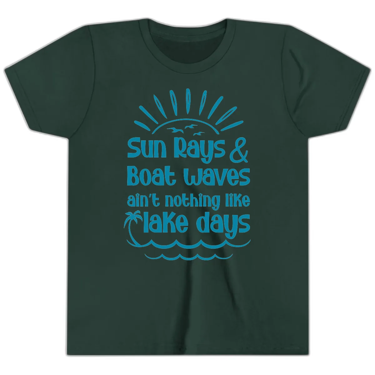 Sun Rays Boat Waves Lake Days Youth T-Shirt in Forest