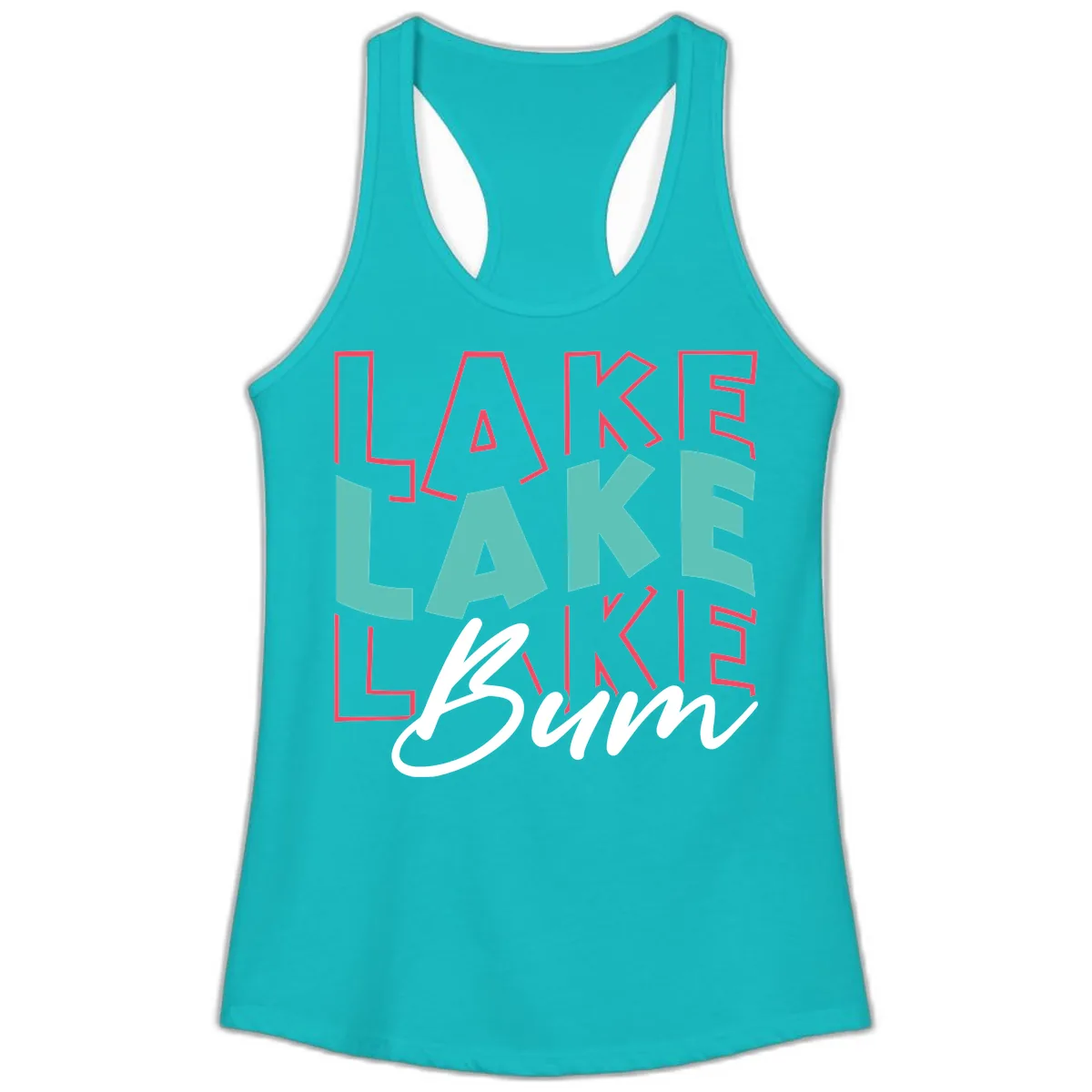 Lake Bum Typography Design Ladies Tank in Tahiti Blue