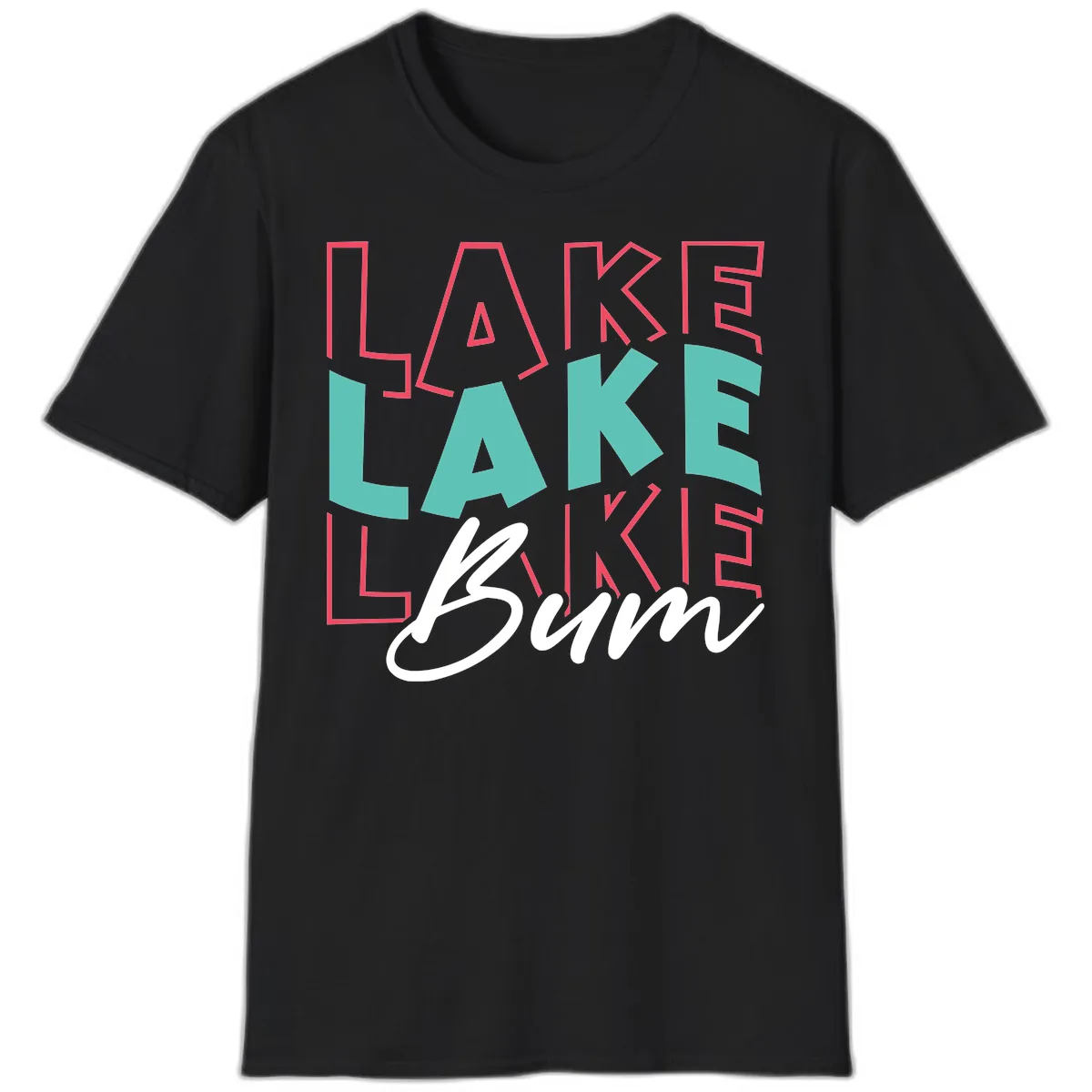 Lake Bum Typography Design T-Shirt in Black