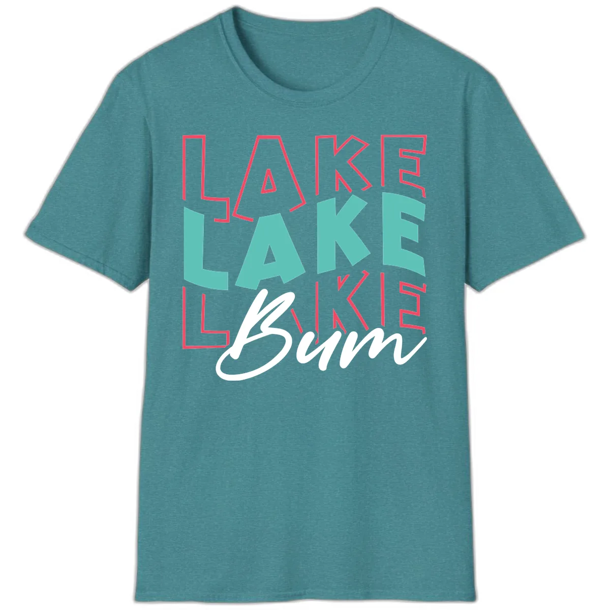 Lake Bum Typography Design T-Shirt in Heather Galapagos Blue