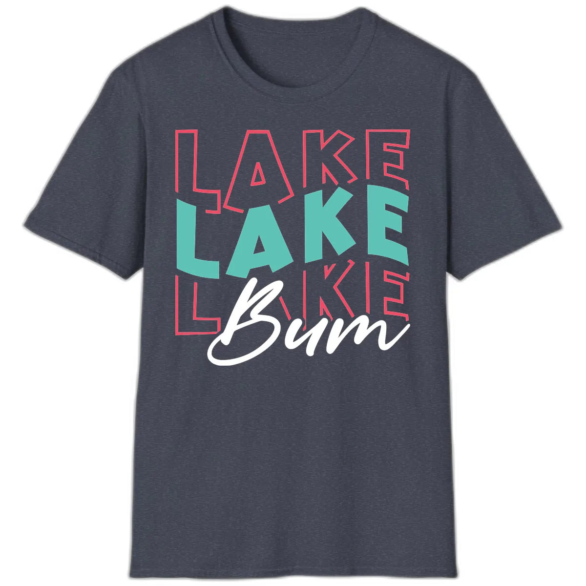 Lake Bum Typography Design T-Shirt in Heather Navy