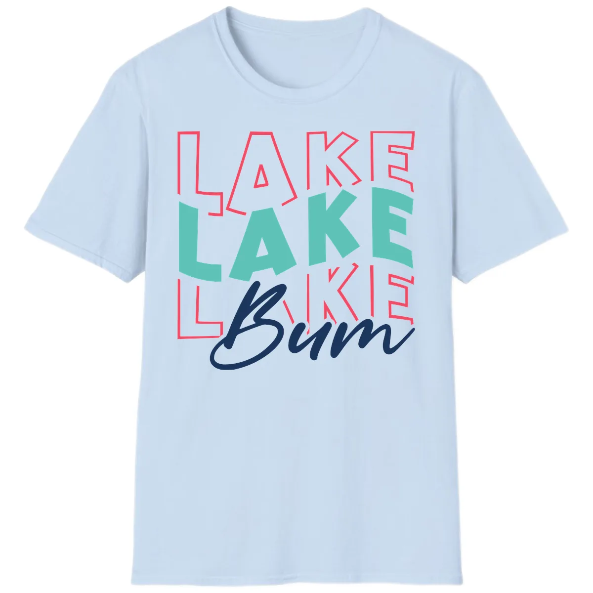 Lake Bum Typography Design T-Shirt in Light Blue