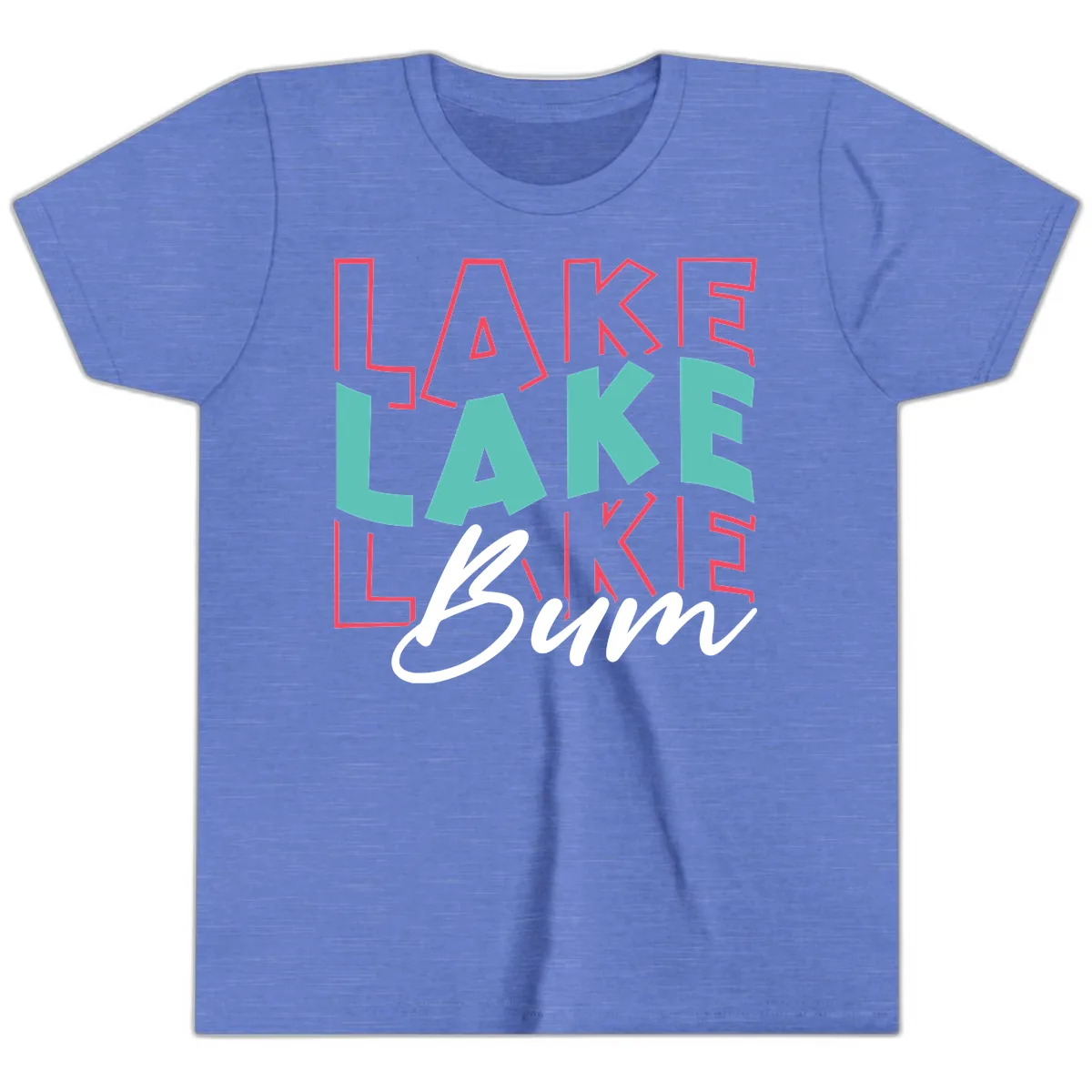 Lake Bum Typography Design Youth T-Shirt in Heather Columbia Blue