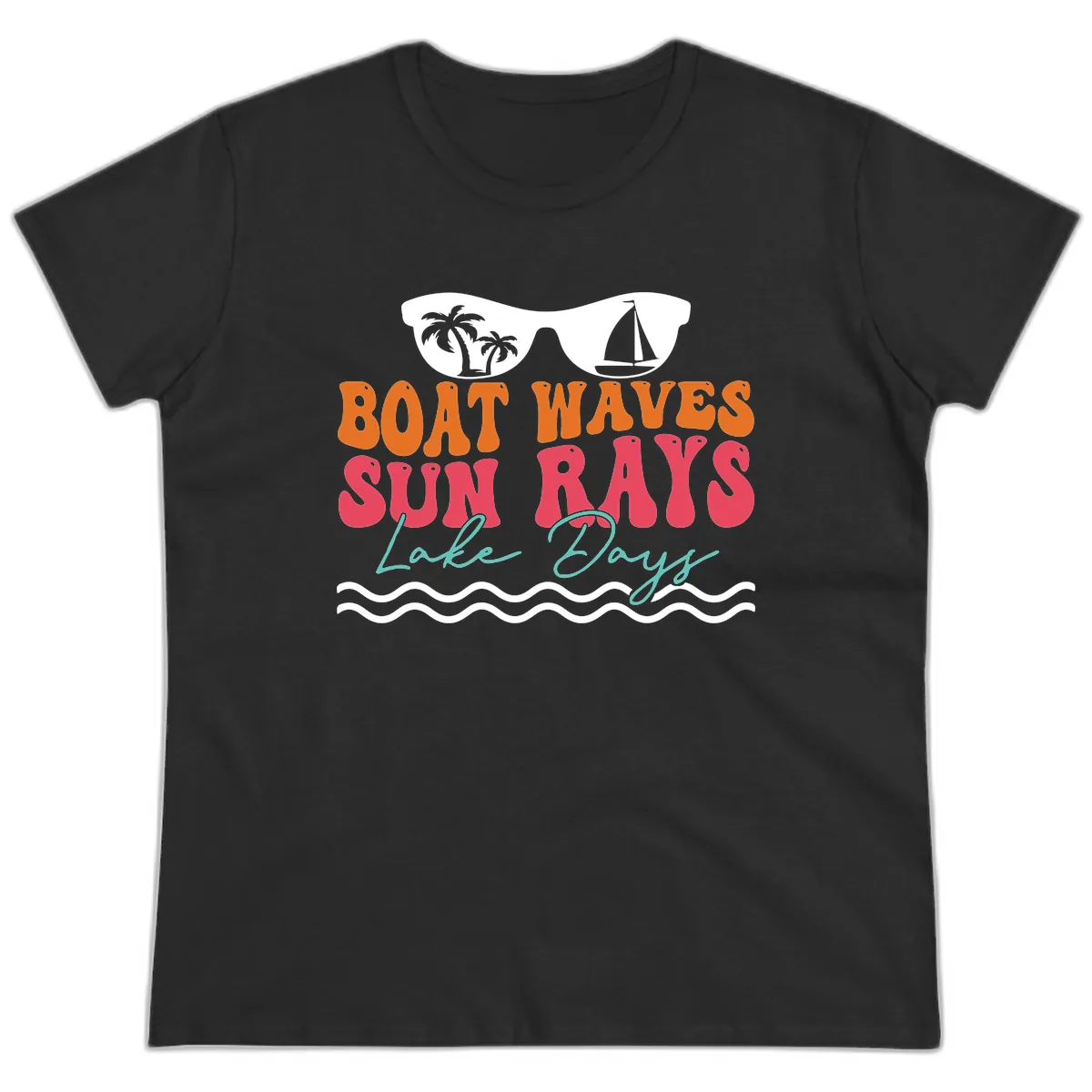 Boat Waves Sun Rays Lake Days Ladies Tee in Black