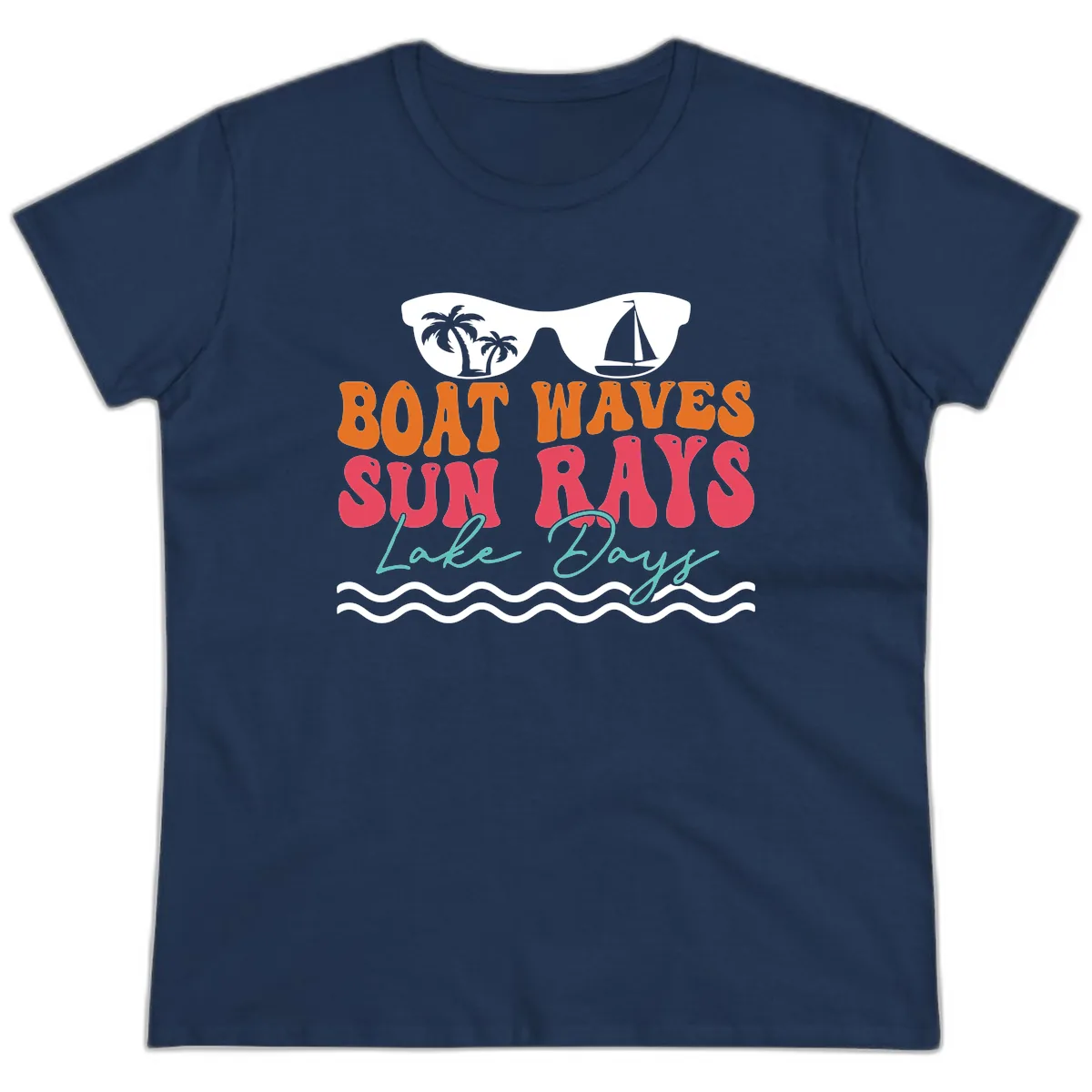 Boat Waves Sun Rays Lake Days Ladies Tee in Navy