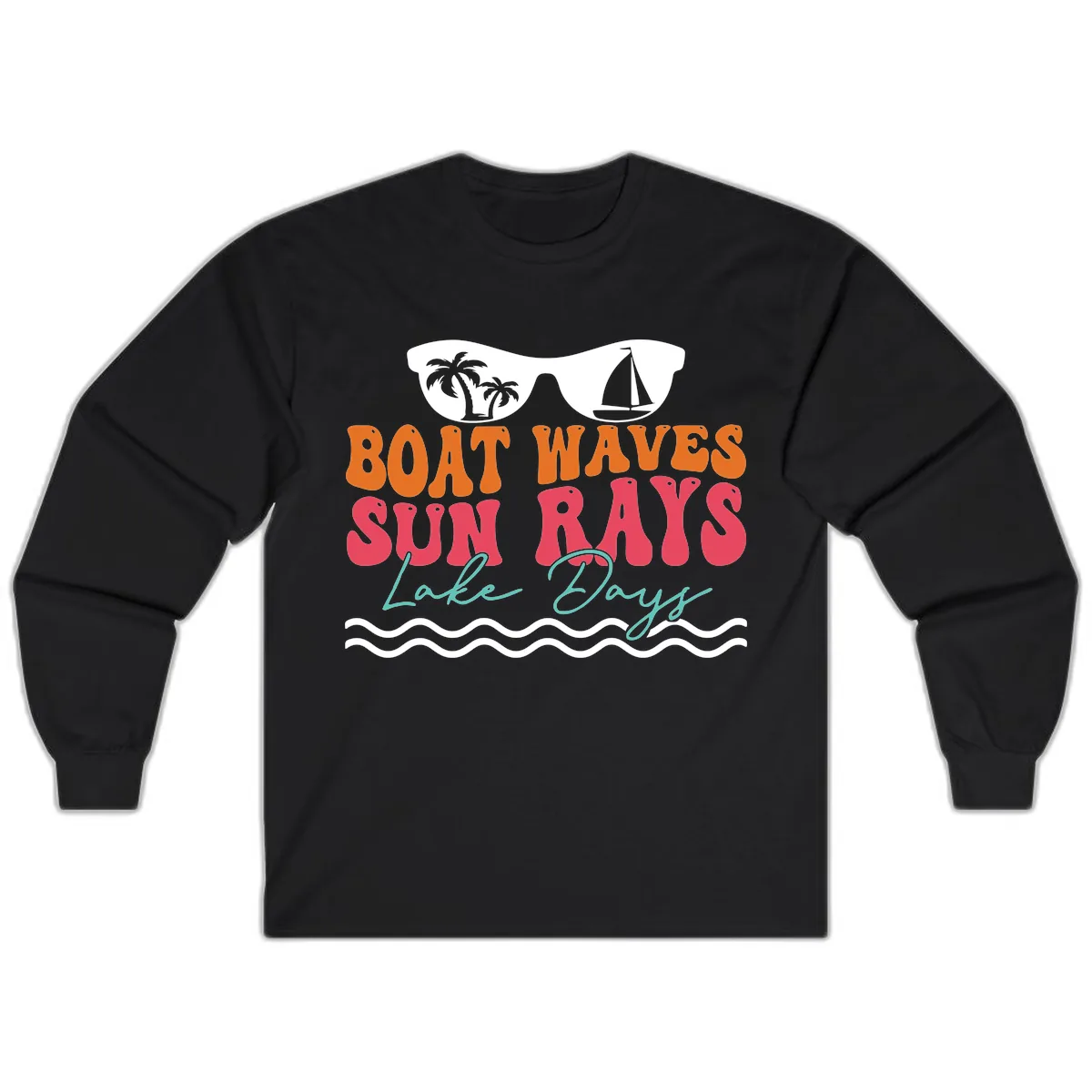 Boat Waves Sun Rays Lake Days Long Sleeve in Black