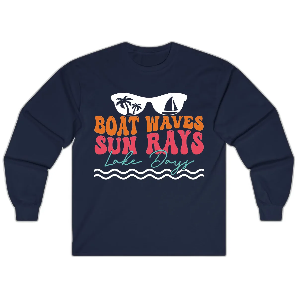 Boat Waves Sun Rays Lake Days Long Sleeve in Navy