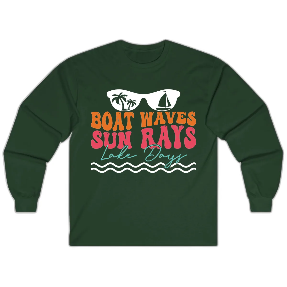 Boat Waves Sun Rays Lake Days Long Sleeve in Forest Green