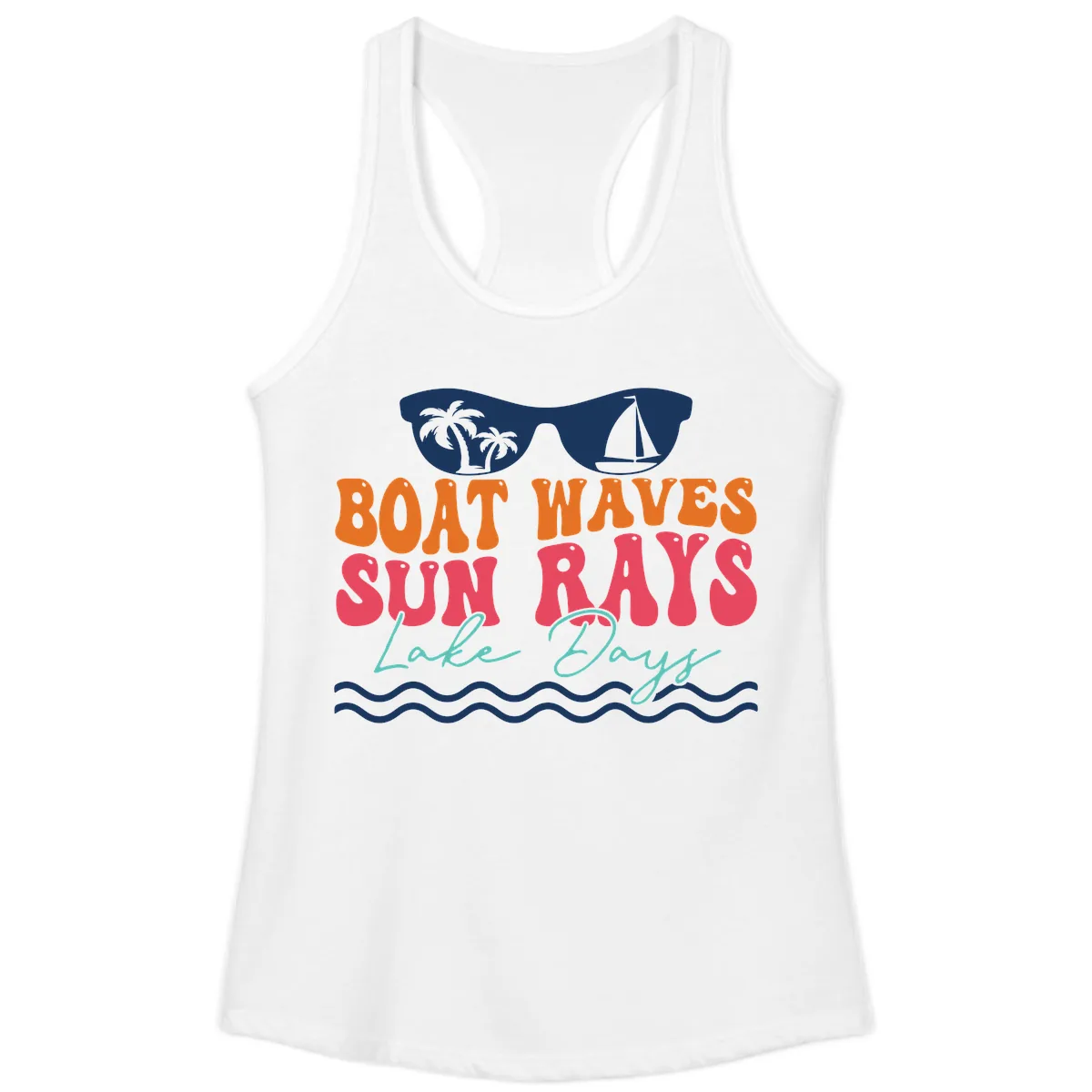 Boat Waves Sun Rays Lake Days Ladies Tank in White