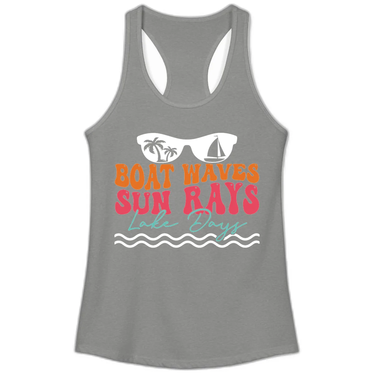 Boat Waves Sun Rays Lake Days Ladies Tank in Heather Grey