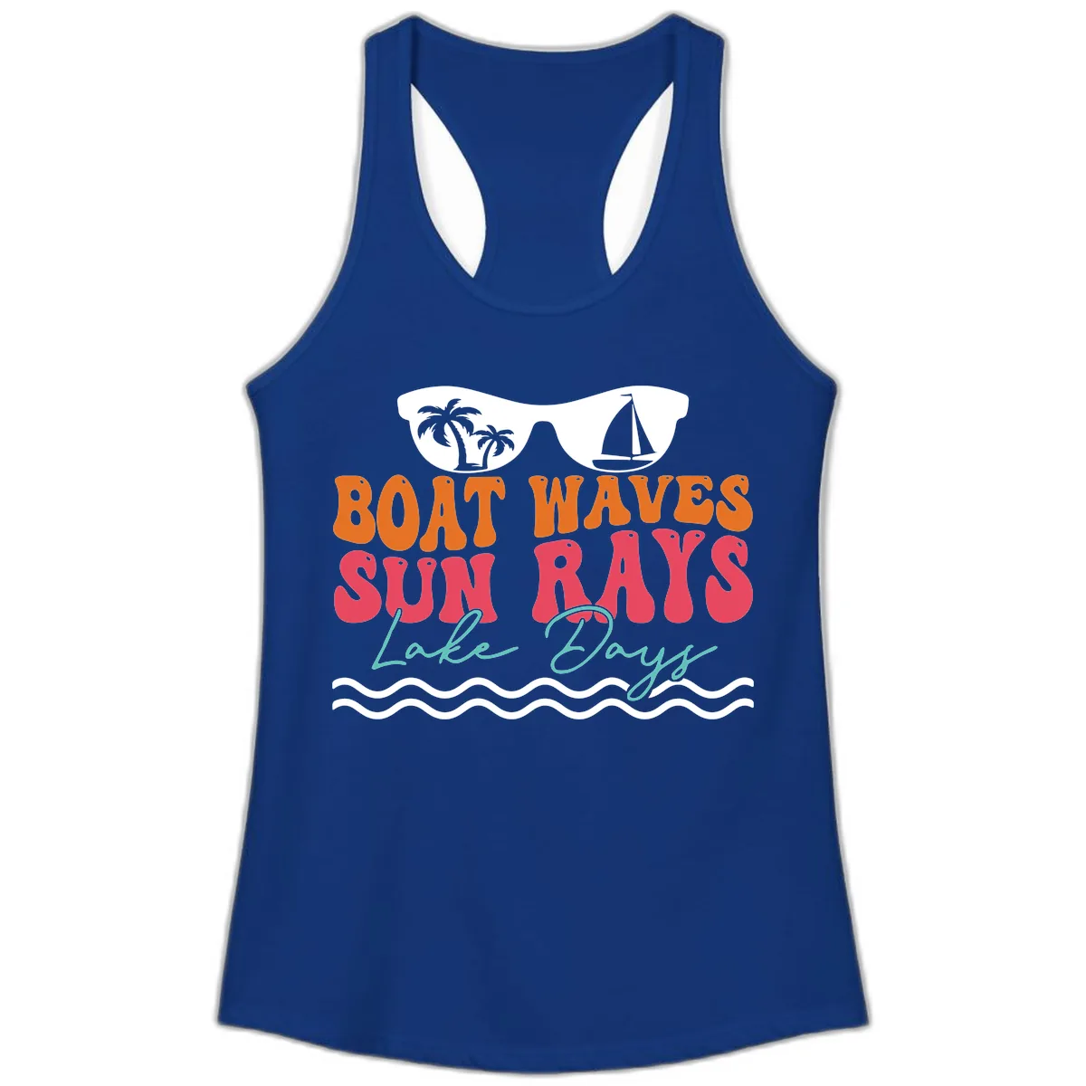 Boat Waves Sun Rays Lake Days Ladies Tank in Solid Royal