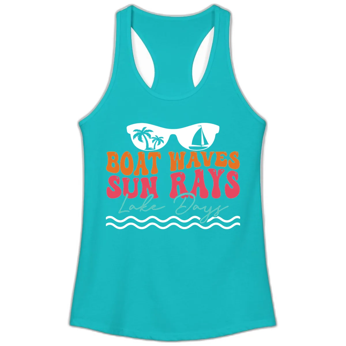 Boat Waves Sun Rays Lake Days Ladies Tank in Tahiti Blue