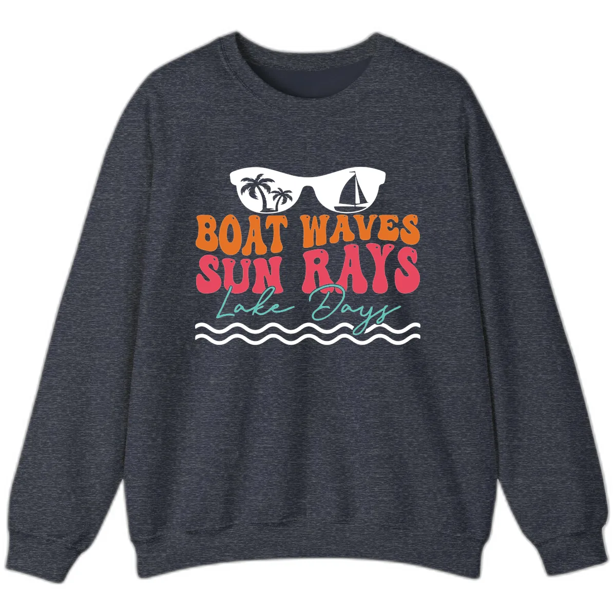 Boat Waves Sun Rays Lake Days Sweatshirt in Heather Sport Dark Navy