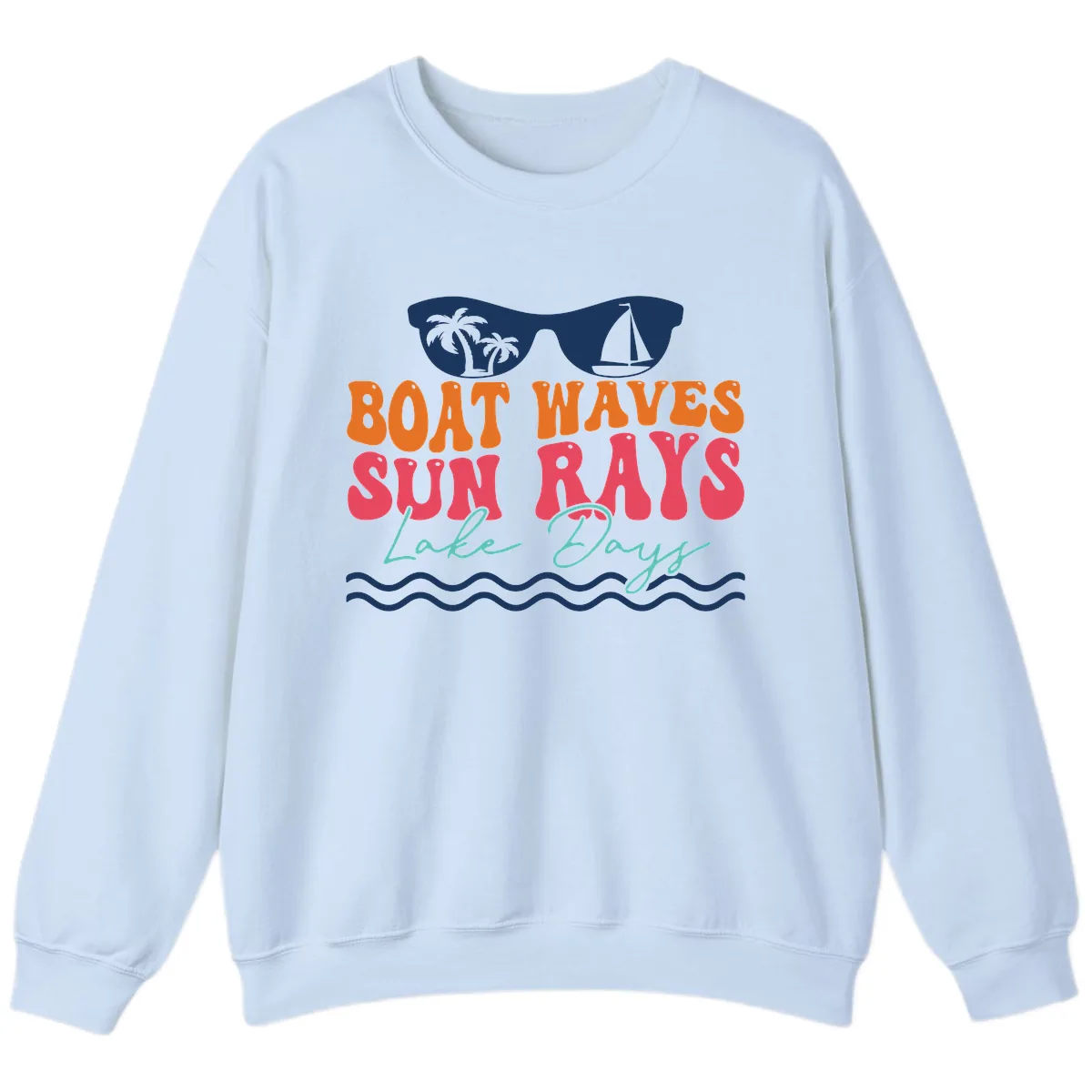 Boat Waves Sun Rays Lake Days Sweatshirt in Light Blue