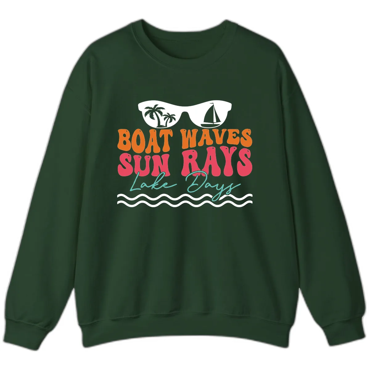 Boat Waves Sun Rays Lake Days Sweatshirt in Forest Green