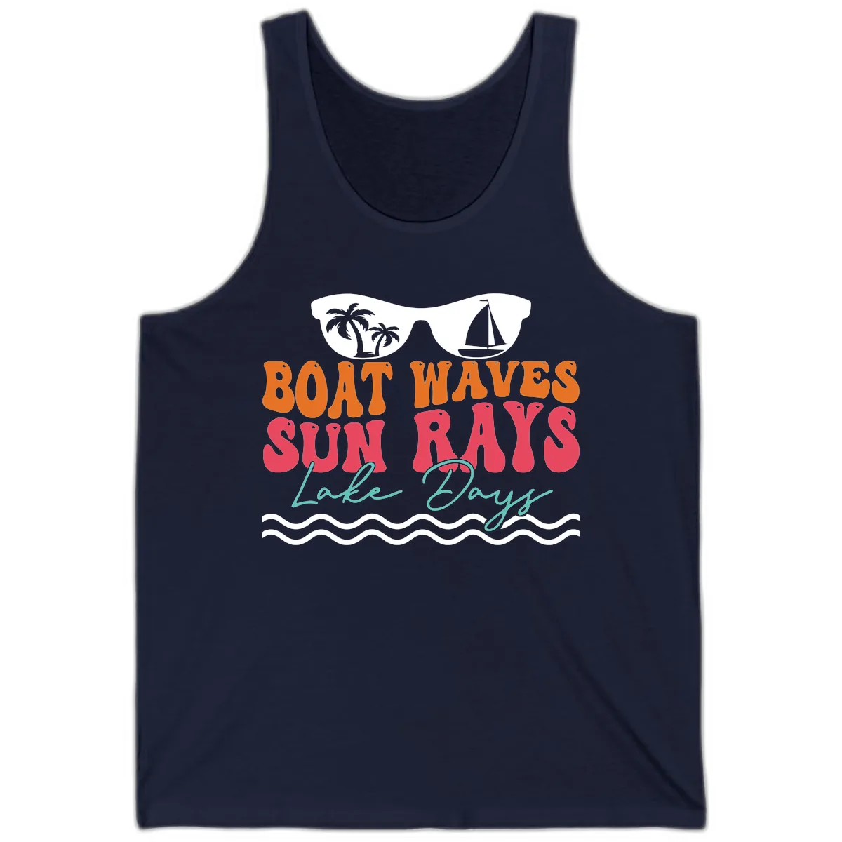 Boat Waves Sun Rays Lake Days Tank in Navy