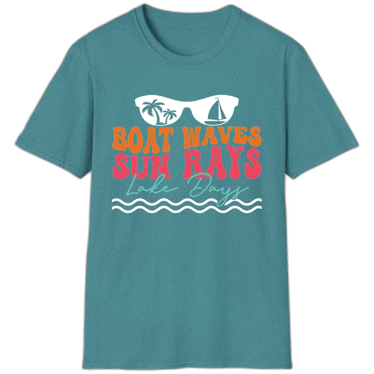 Boat Waves Sun Rays Lake Days T-Shirt in Heather Galapagos Blue