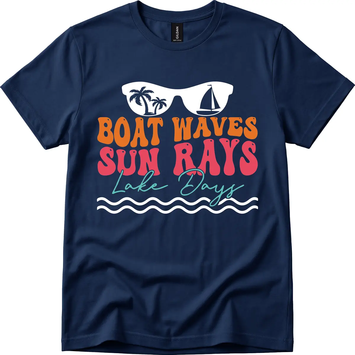 Boat Waves Sun Rays Lake Days T-Shirt in Navy