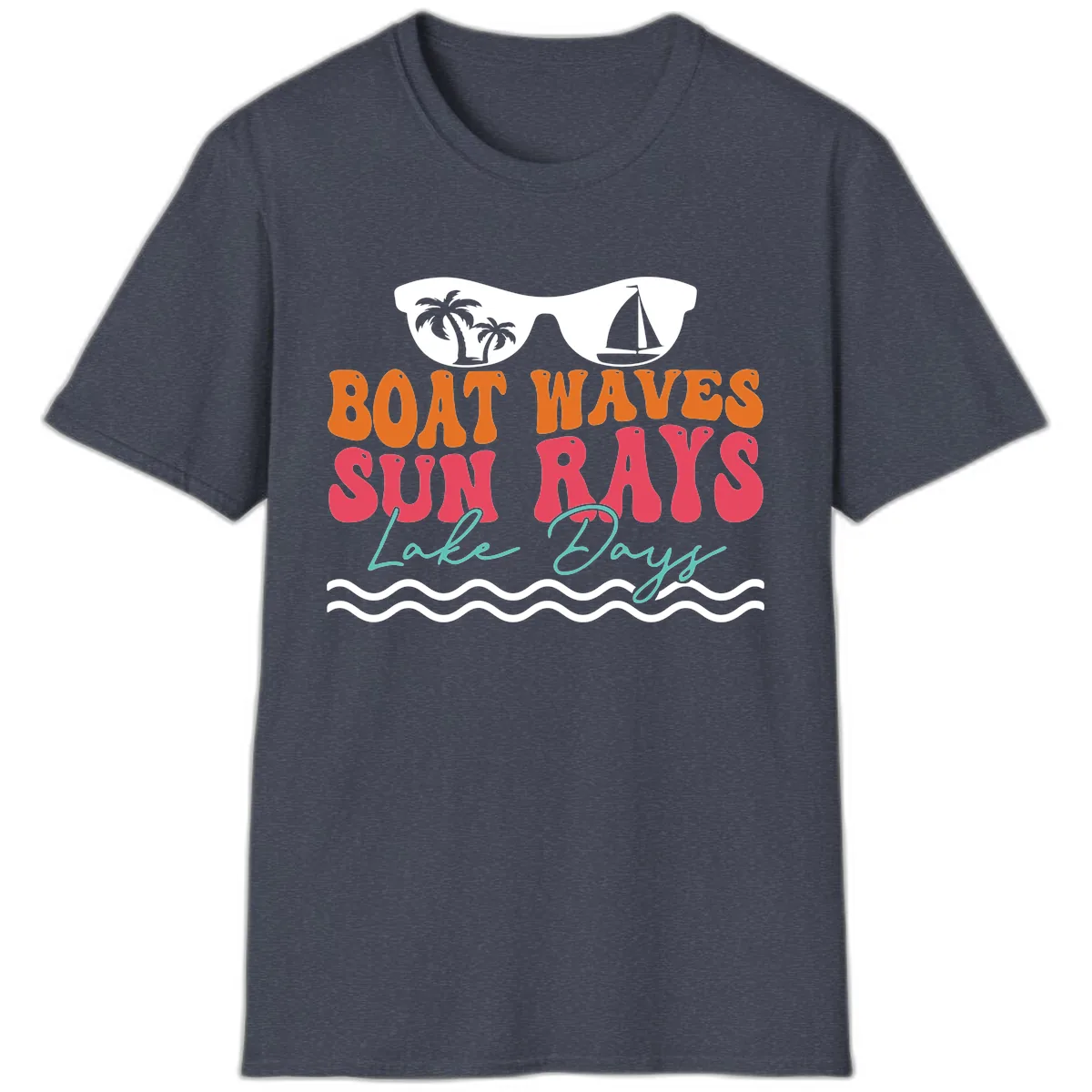 Boat Waves Sun Rays Lake Days T-Shirt in Heather Navy