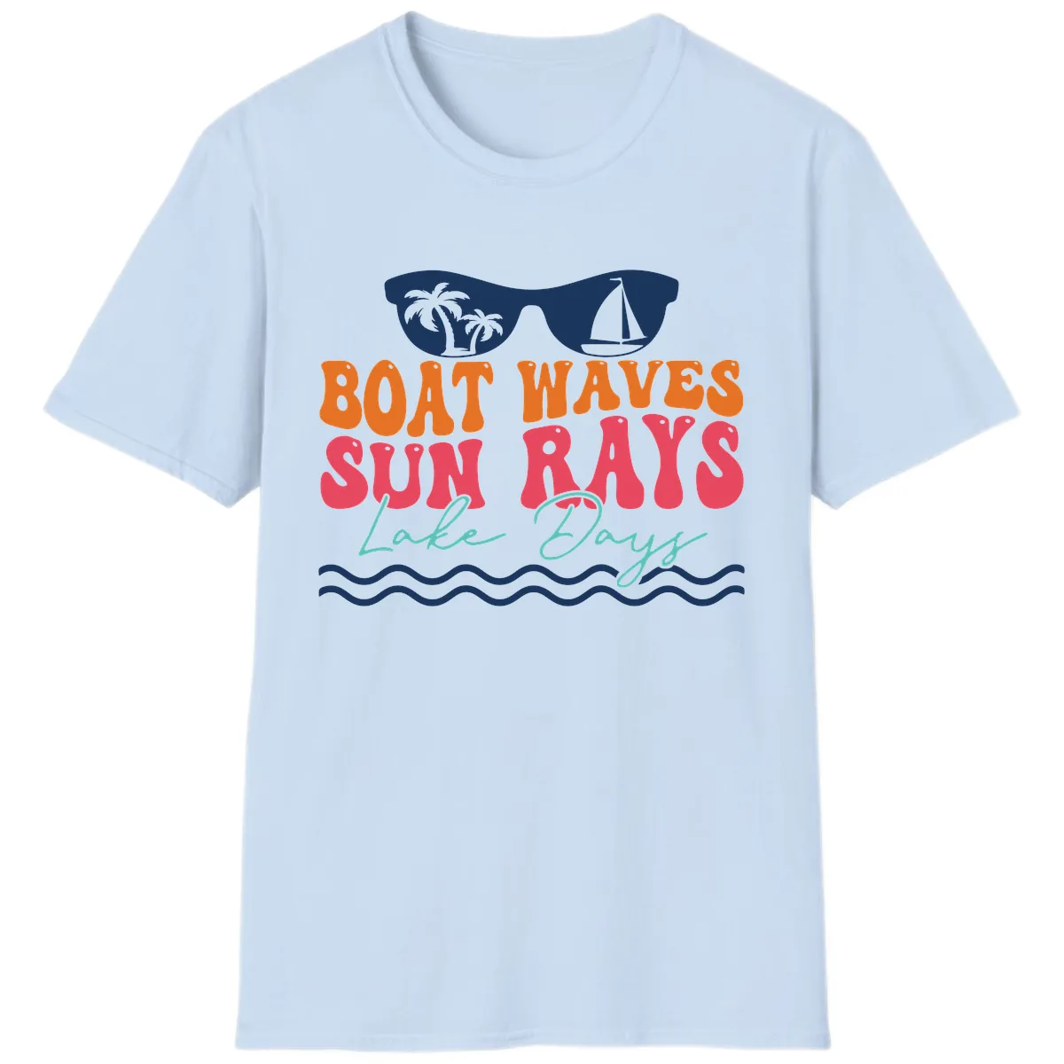 Boat Waves Sun Rays Lake Days T-Shirt in Light Blue