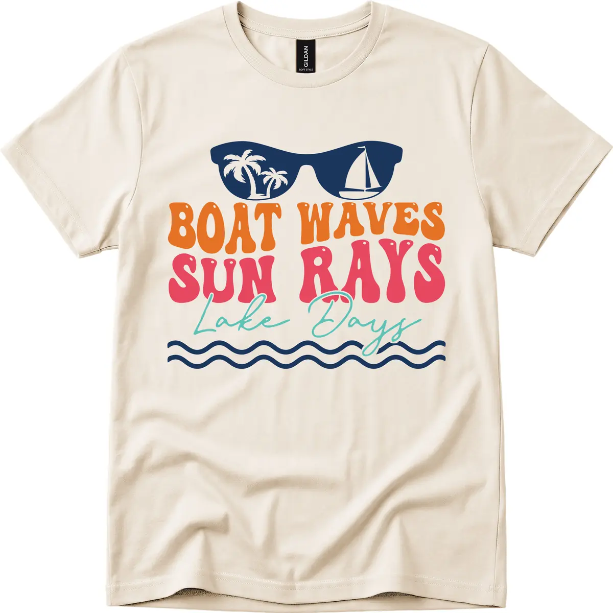 Boat Waves Sun Rays Lake Days T-Shirt in Natural