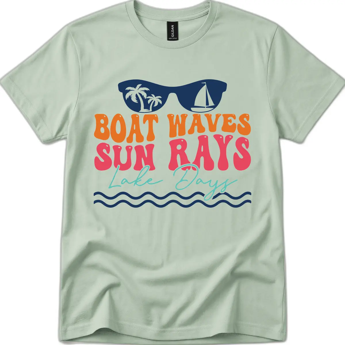 Boat Waves Sun Rays Lake Days T-Shirt in Sage