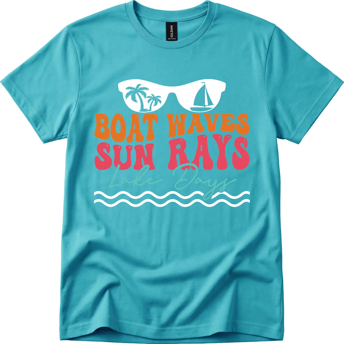Boat Waves Sun Rays Lake Days T-Shirt in Tropical Blue