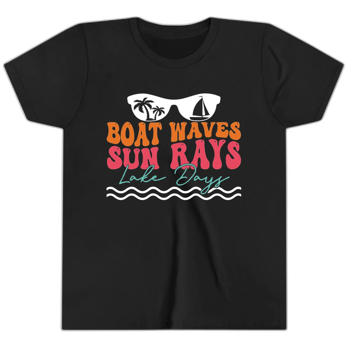 Boat Waves Sun Rays Lake Days Youth T-Shirt in Black