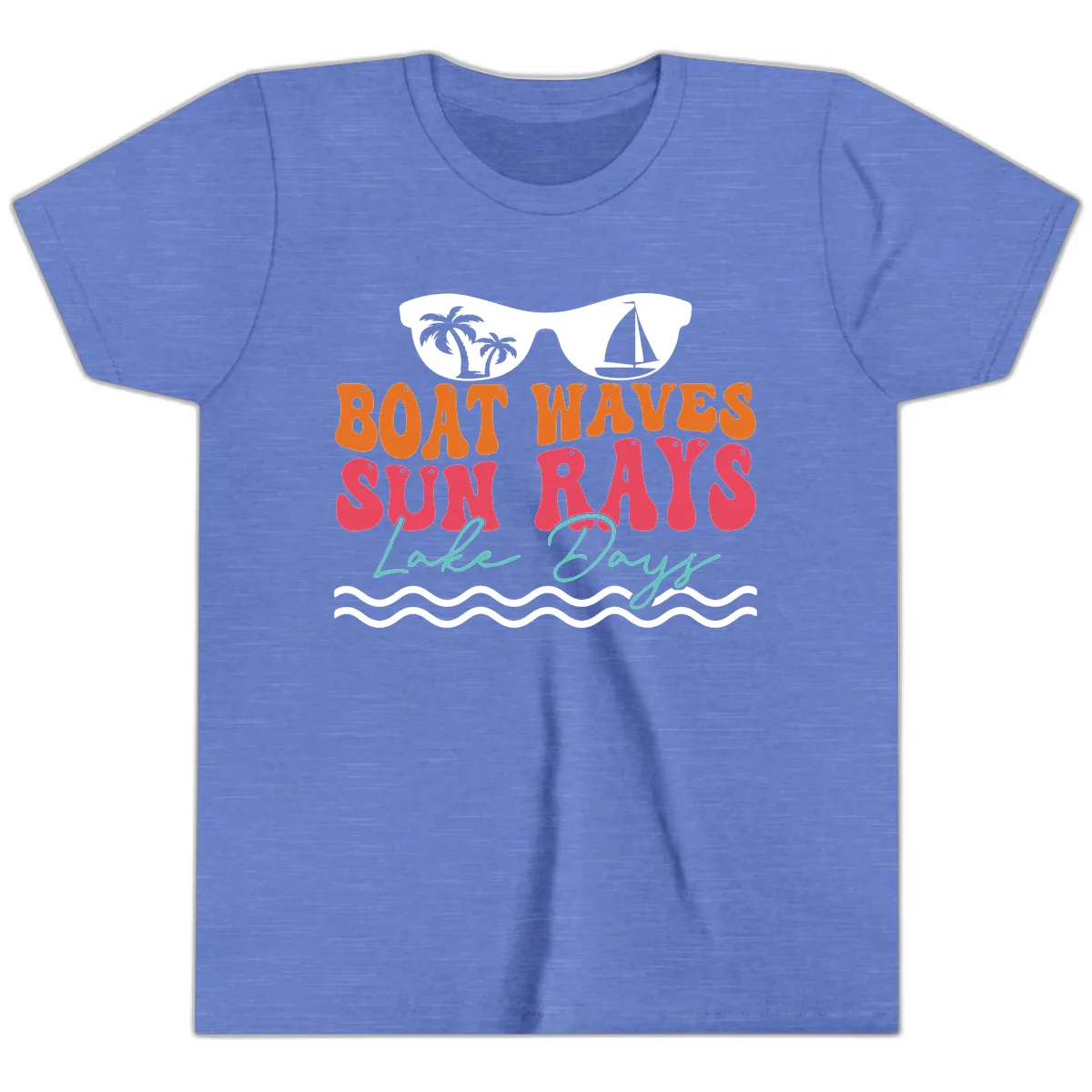 Boat Waves Sun Rays Lake Days Youth T-Shirt in Heather Columbia Blue