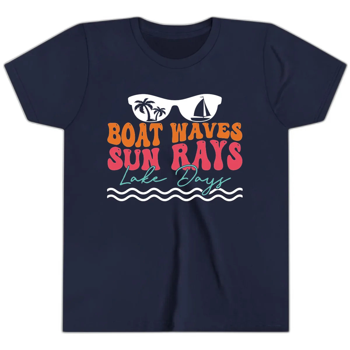Boat Waves Sun Rays Lake Days Youth T-Shirt in Navy