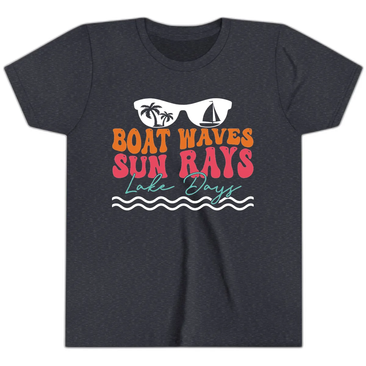 Boat Waves Sun Rays Lake Days Youth T-Shirt in Heather Navy
