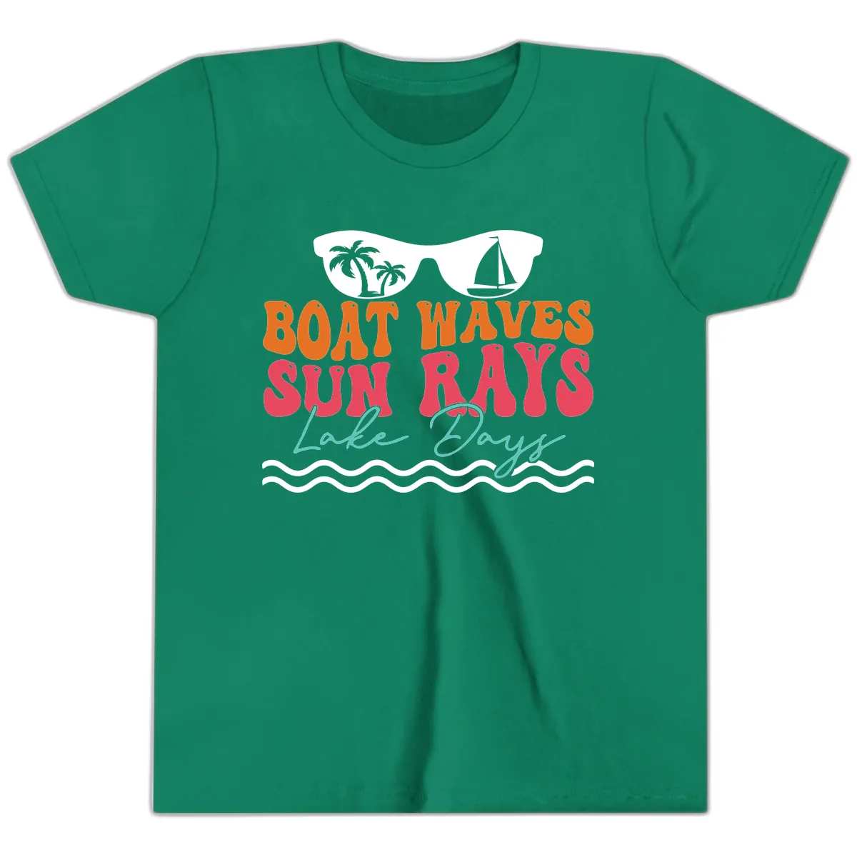 Boat Waves Sun Rays Lake Days Youth T-Shirt in Kelly