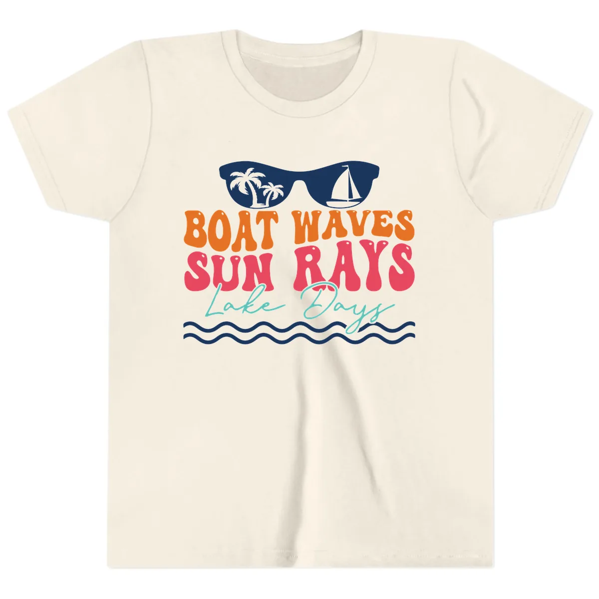 Boat Waves Sun Rays Lake Days Youth T-Shirt in Natural