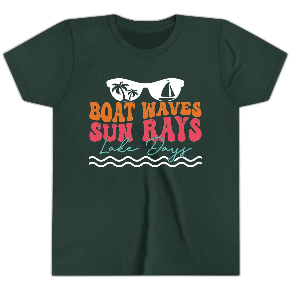Boat Waves Sun Rays Lake Days Youth T-Shirt in Forest