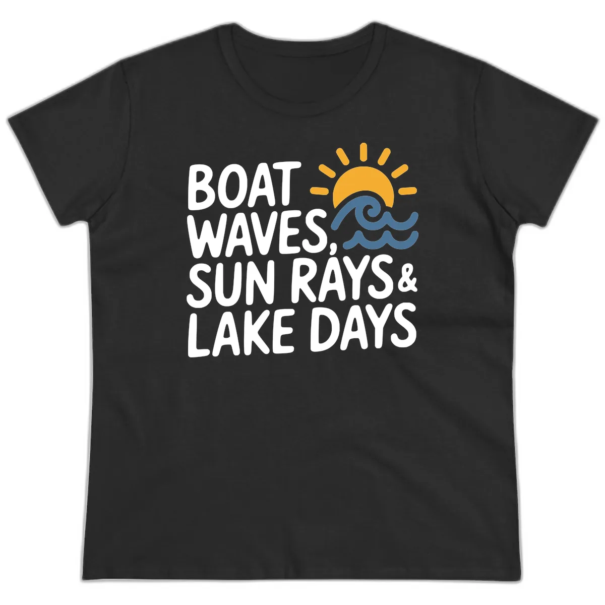 Boat Waves Sun Rays Lake Days Ladies Tee in Black