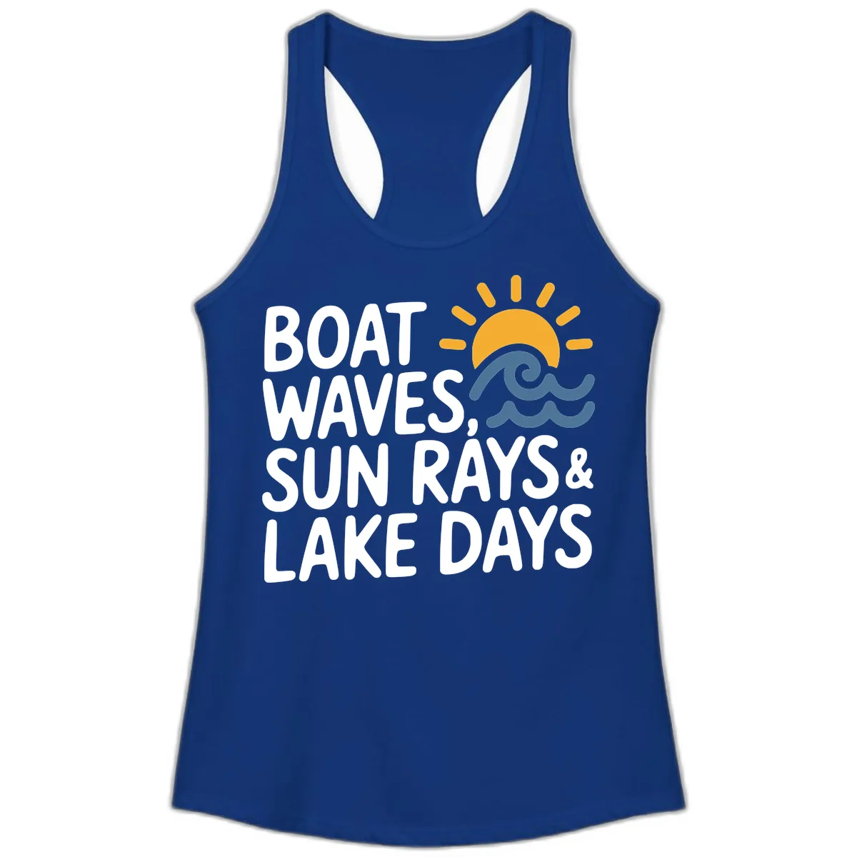 Boat Waves Sun Rays Lake Days Ladies Tank in Solid Royal