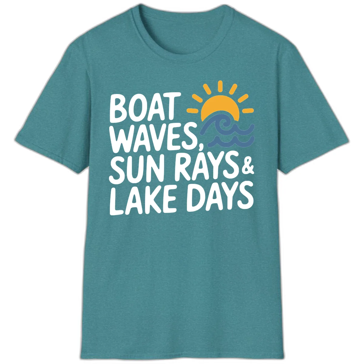 Boat Waves Sun Rays Lake Days T-Shirt in Heather Galapagos Blue