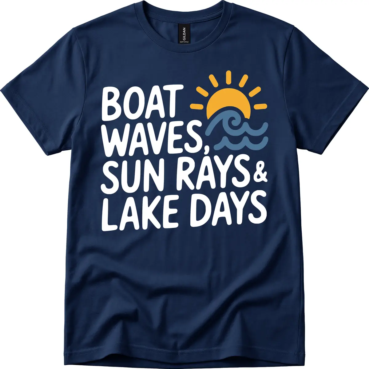 Boat Waves Sun Rays Lake Days T-Shirt in Navy