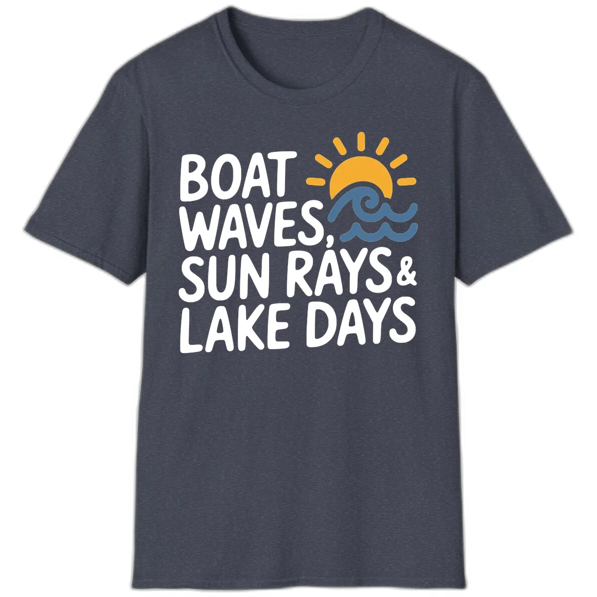 Boat Waves Sun Rays Lake Days T-Shirt in Heather Navy