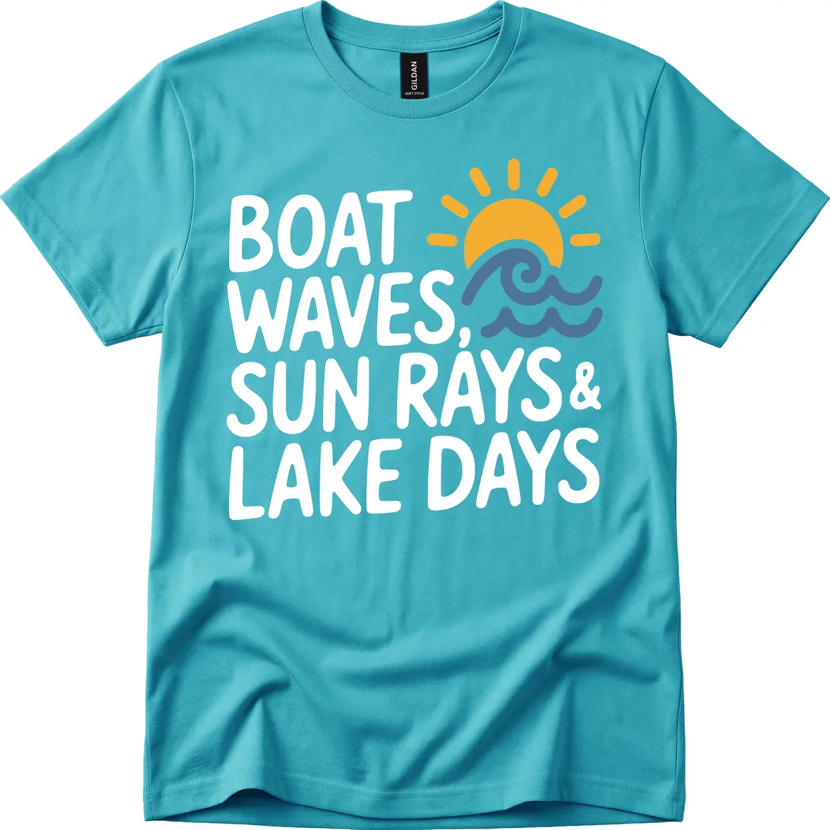 Boat Waves Sun Rays Lake Days T-Shirt in Tropical Blue