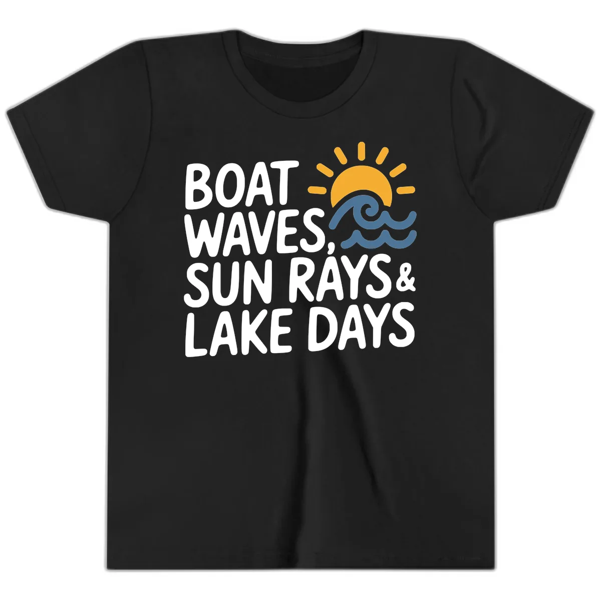 Boat Waves Sun Rays Lake Days Youth T-Shirt in Black