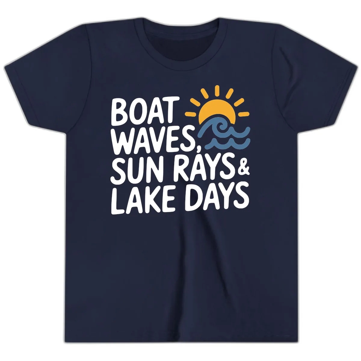 Boat Waves Sun Rays Lake Days Youth T-Shirt in Navy